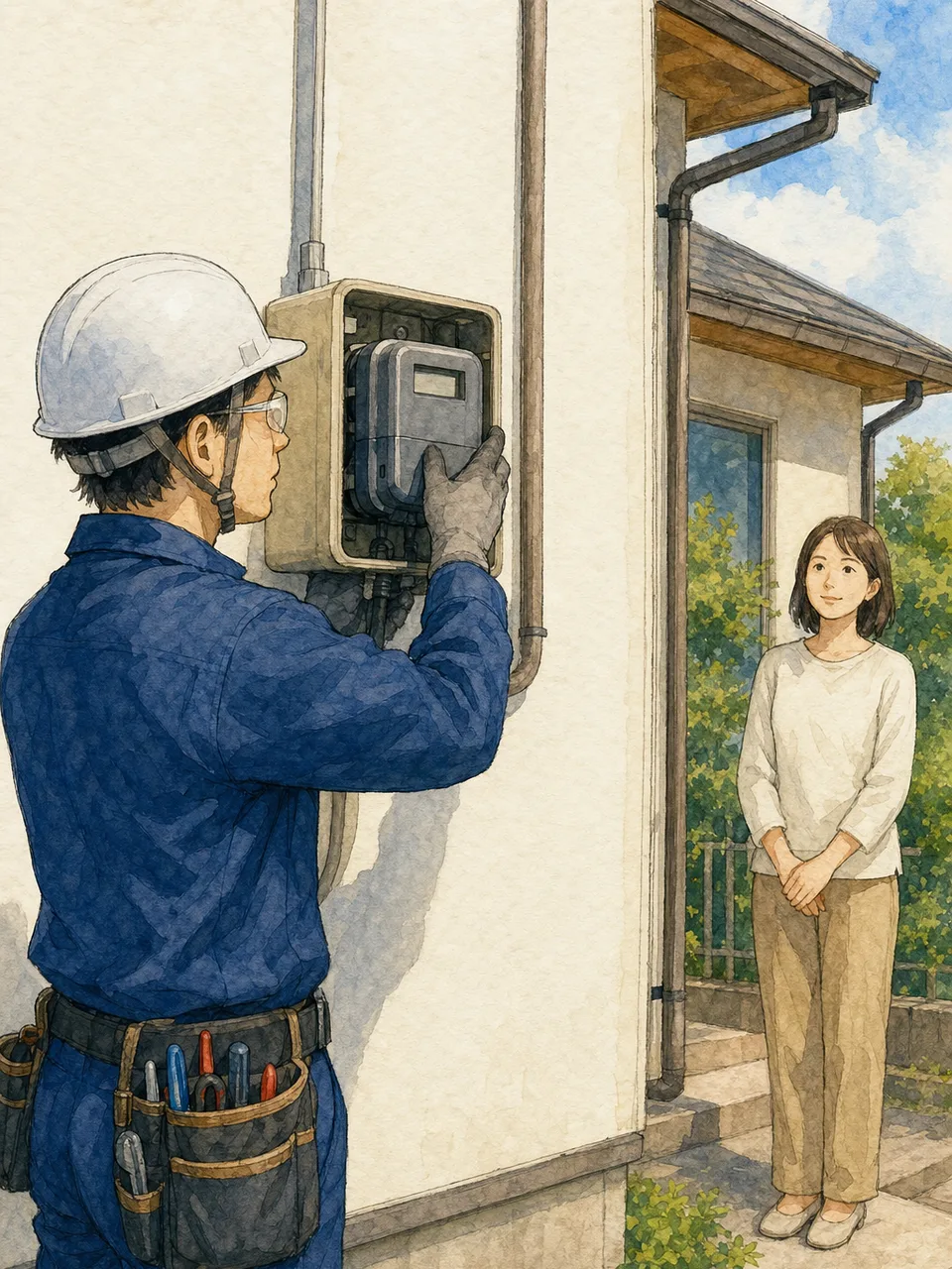 スマートメーターを交換する日本人技術者（手描き水彩）。スマートメーター、電力量計、電気設備、交換作業の記事や案内に使える商用素材です。