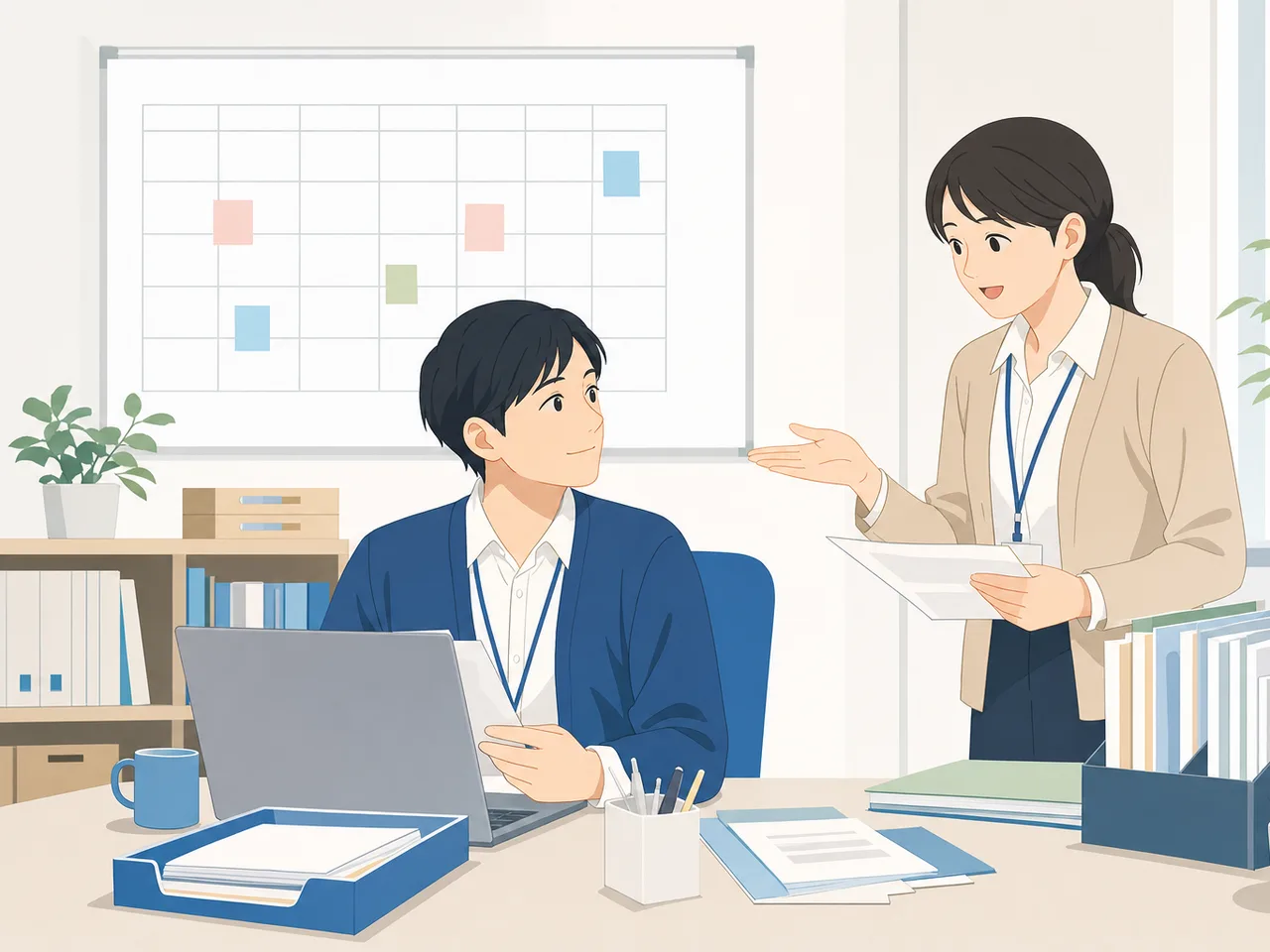 事務職として働く日本人会社員（フラットイラスト）。事務職、オフィスワーク、書類整理、業務支援の記事向け素材です。