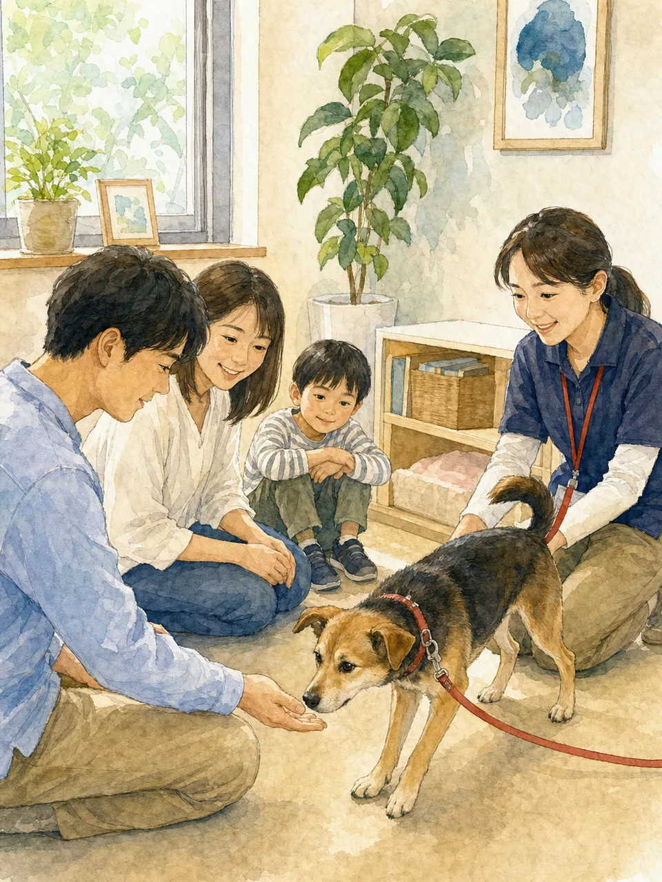 保護犬と出会う日本人家族（手描き水彩）。保護犬、里親、動物福祉、家族の記事向け素材です。