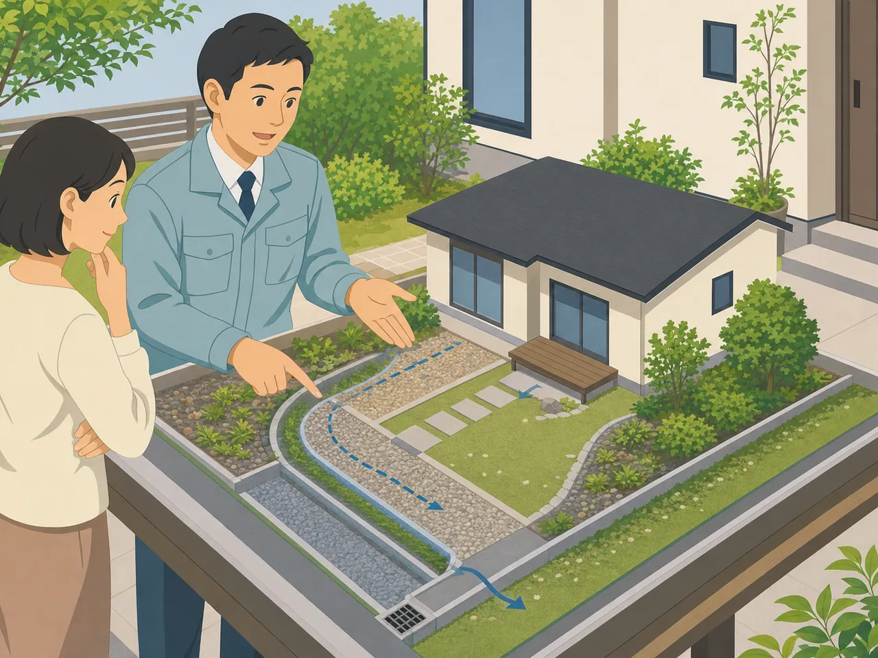敷地の雨水排水を相談する日本人（フラットイラスト）。雨水排水、庭の排水、住宅外構、浸水対策の記事や案内に使える商用素材です。