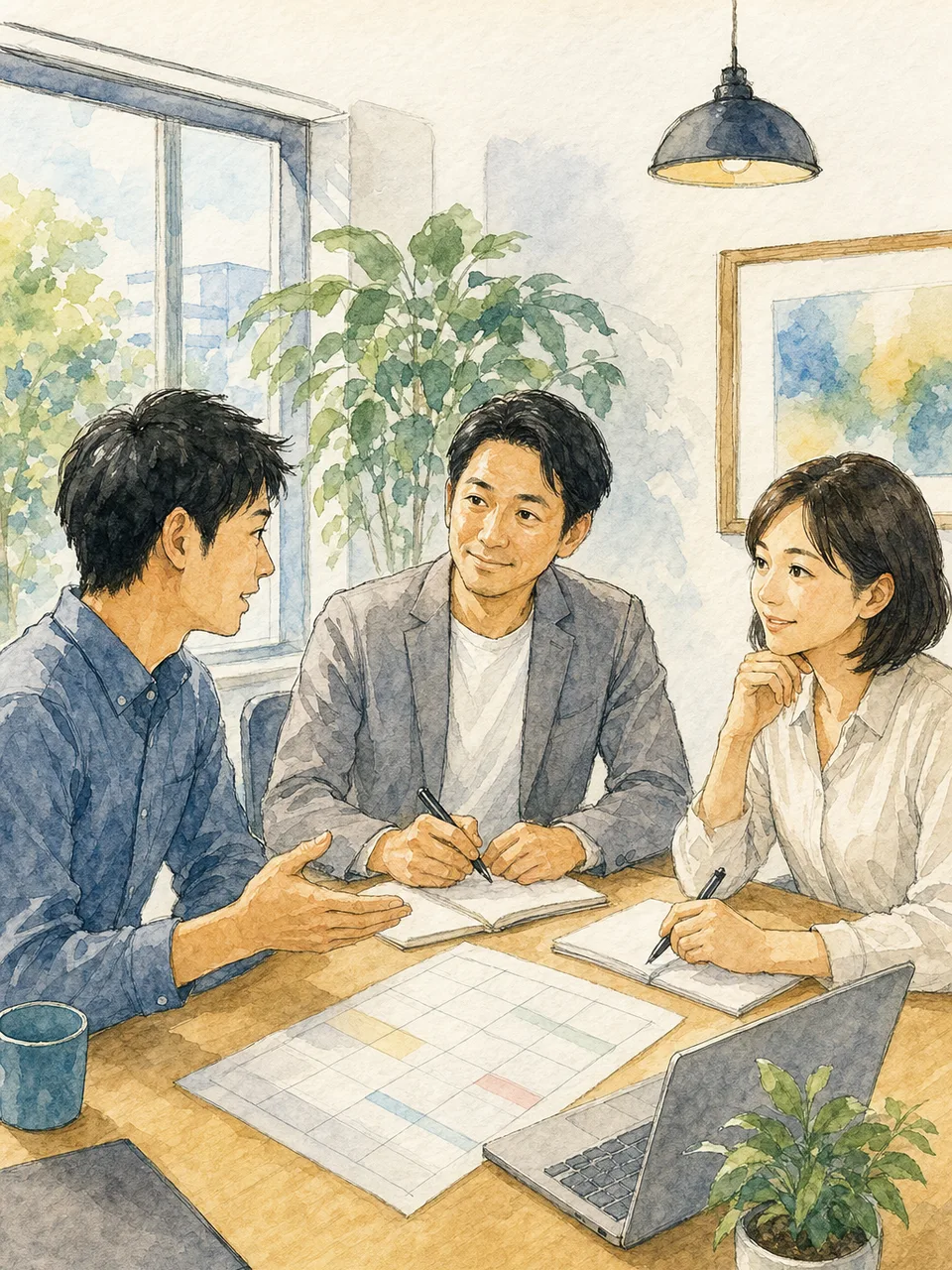 男性育休を相談する日本人会社員（手描き水彩）。男性育休、育児休業、働き方、両立支援の記事に使える職場素材です。