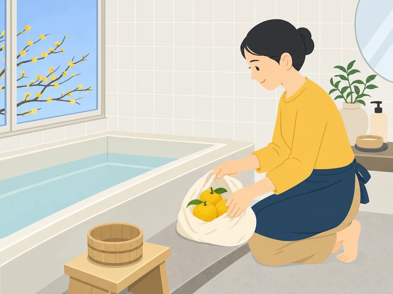 冬至のゆず湯を準備する日本人（フラットイラスト）。冬至、ゆず湯、季節行事、冬の記事や案内に使える商用素材です。