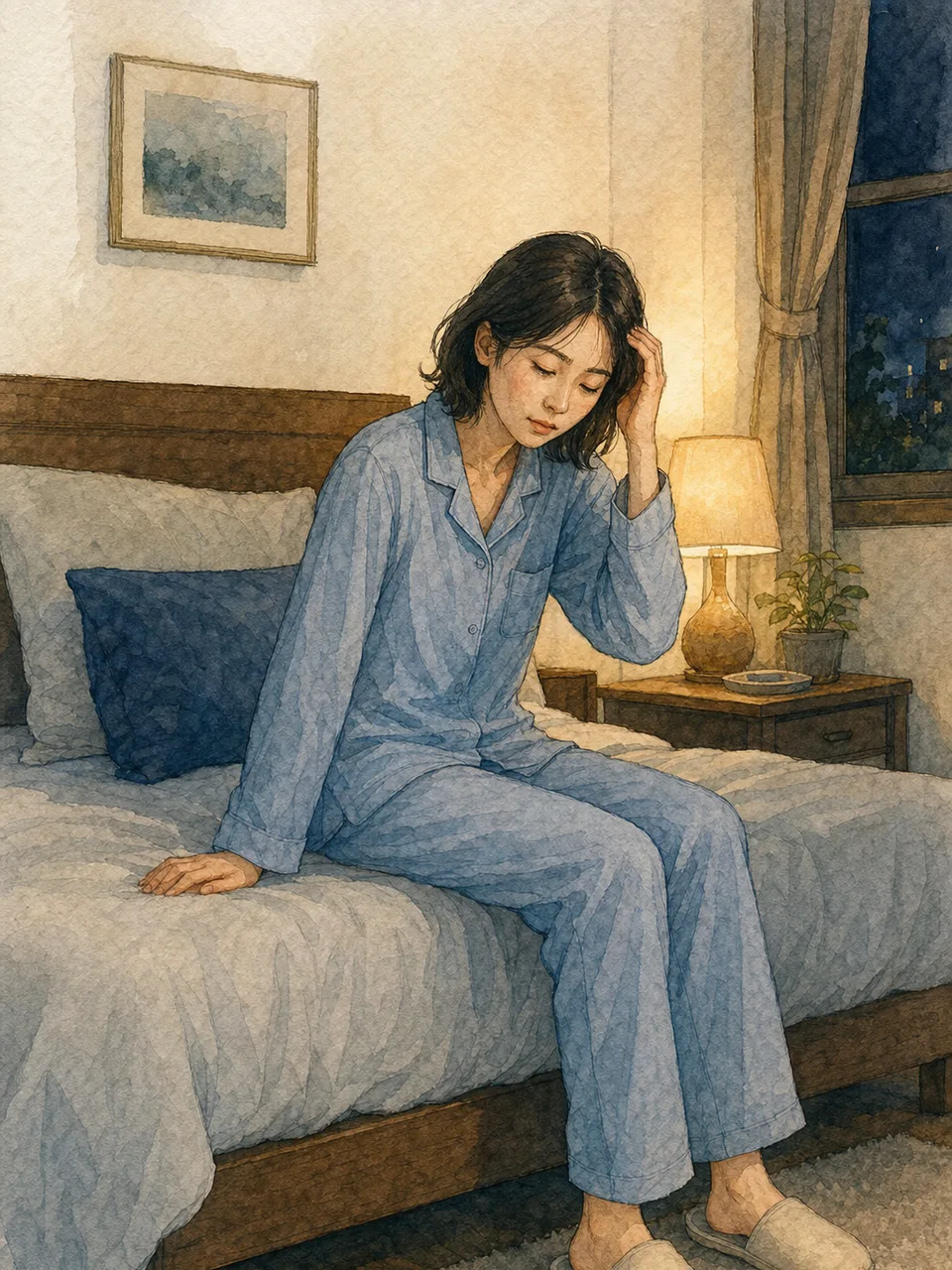 眠れない夜を過ごす日本人（手描き水彩）。睡眠改善、ストレスケア、寝具、健康サービスの記事に使える素材です。