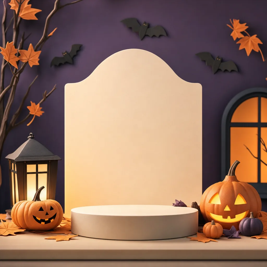 ハロウィンの余白背景（立体ディスプレイ）。イベント告知やSNS投稿に文字を配置しやすい、親しみやすいハロウィン背景です。