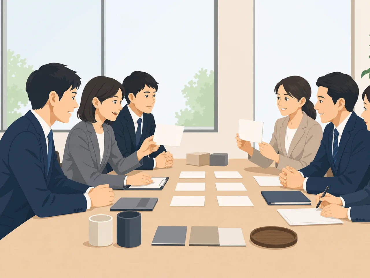 契約条件を交渉する日本人担当者（フラットイラスト）。契約交渉、商談、取引条件、法人契約の記事や案内に使える商用素材です。
