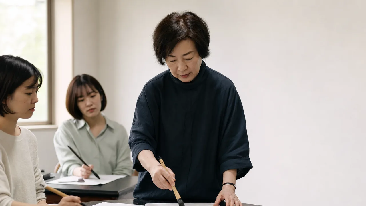 書道教室で筆を学ぶ日本人（横長・コピースペース）。書道教室、習字、日本文化、習い事の記事向け素材です。