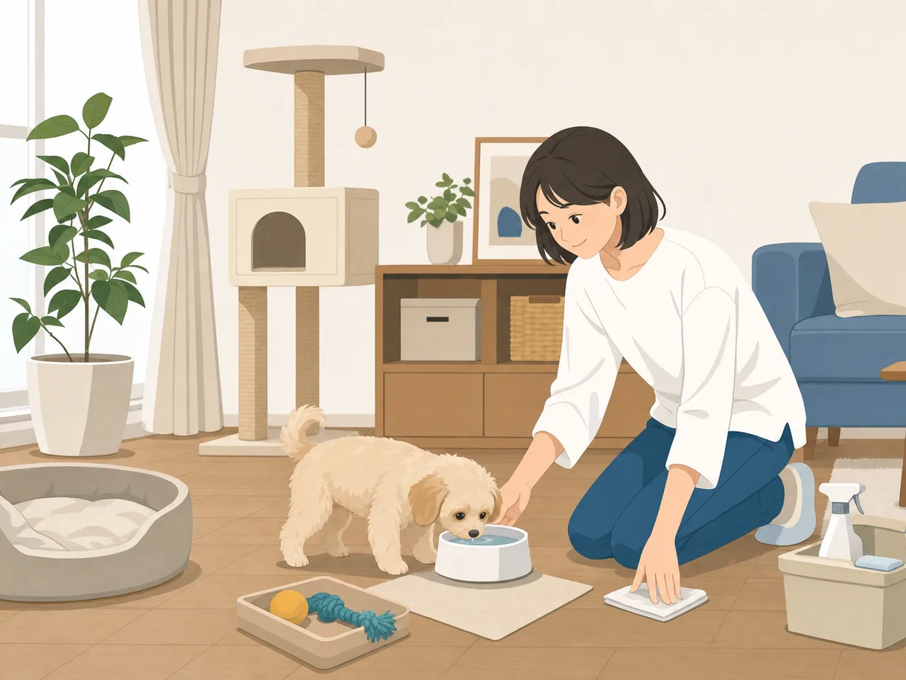 集合住宅でペットと暮らす日本人（フラットイラスト）。集合住宅のペットケア、マンションでのペット習慣、ペットとの暮らし、マンションの記事や案内に使える商用素材です。