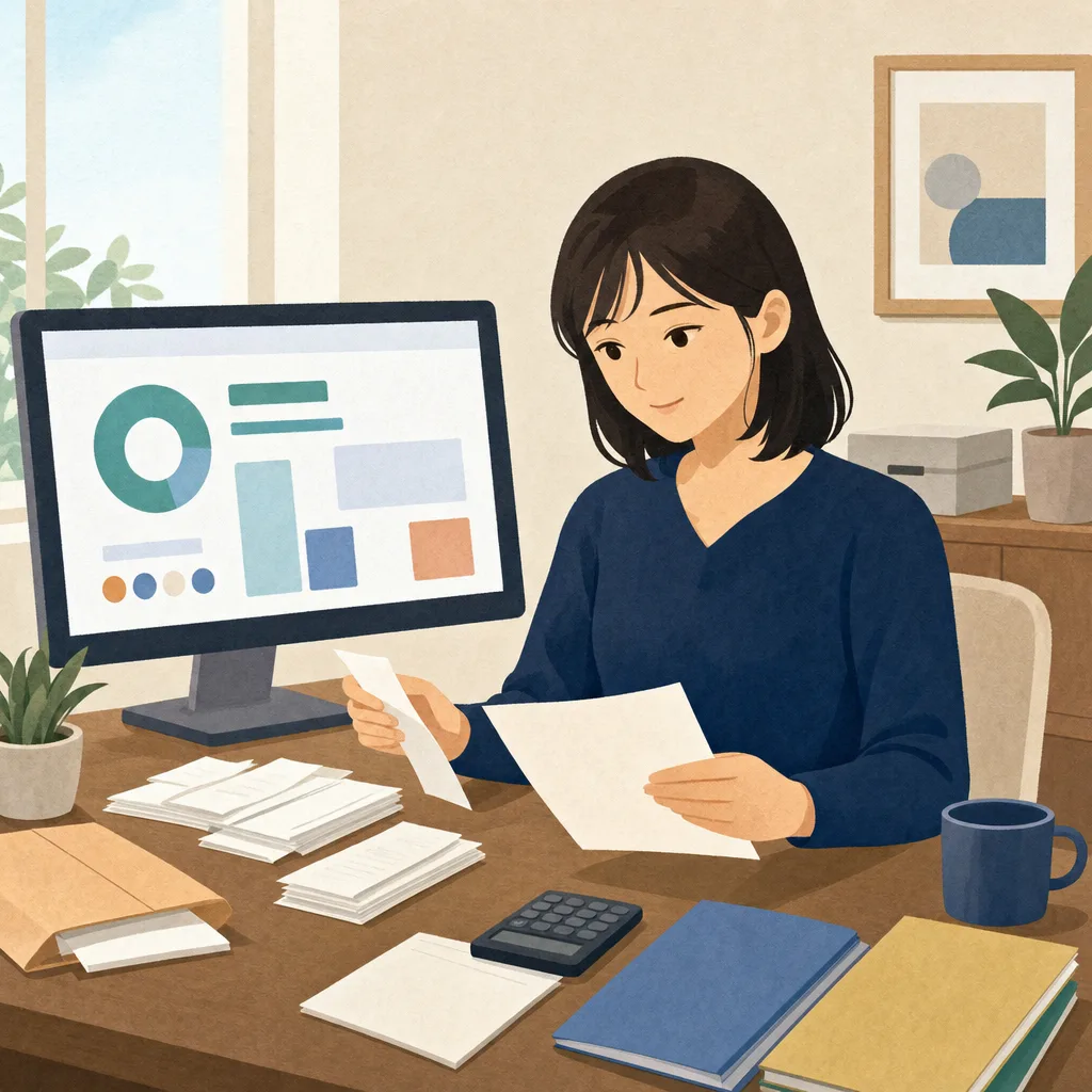 クラウド会計で記帳する日本人（編集記事向け）。クラウド会計、記帳、経理、帳簿の記事や案内に使える商用素材です。