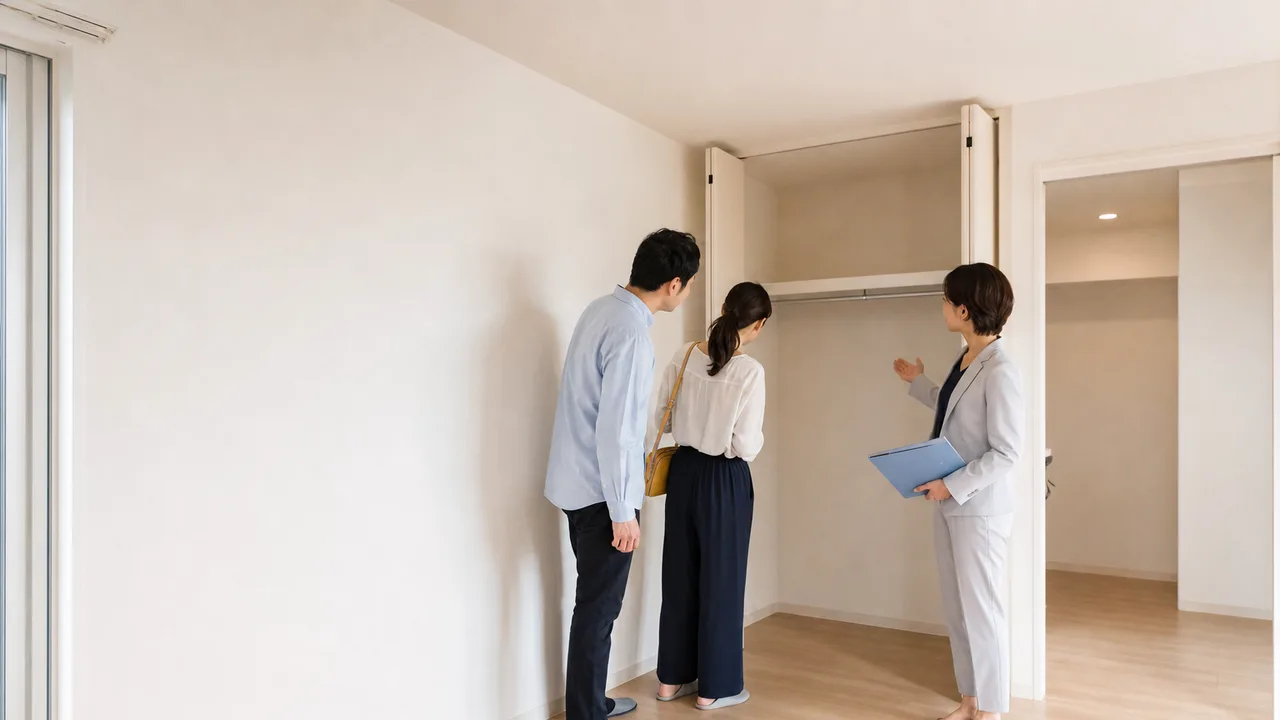 賃貸住宅を内見する日本人カップル（横長・コピースペース）。不動産、賃貸、引越し、住まい探しのサービス紹介に適した素材です。