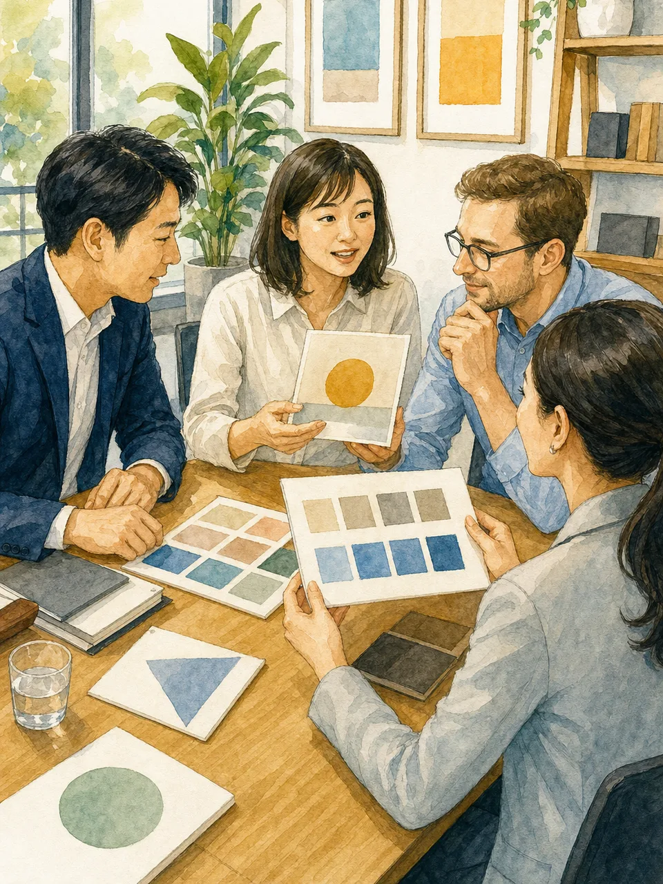 多言語で協働する日本人と海外顧客（手描き水彩）。多言語会議、海外顧客、国際ビジネス、通訳の記事や案内に使える商用素材です。