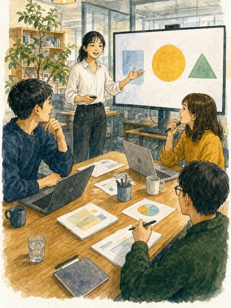 事業提案を練習する日本人スタートアップ（手描き水彩）。ピッチ練習、事業提案、スタートアップ、起業の記事や案内に使える商用素材です。