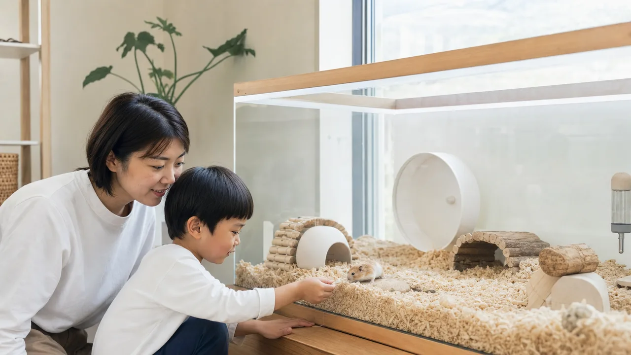 ハムスターを世話する日本人家族（横長・コピースペース）。ハムスター、小動物、ペットケア、家族の記事向け素材です。