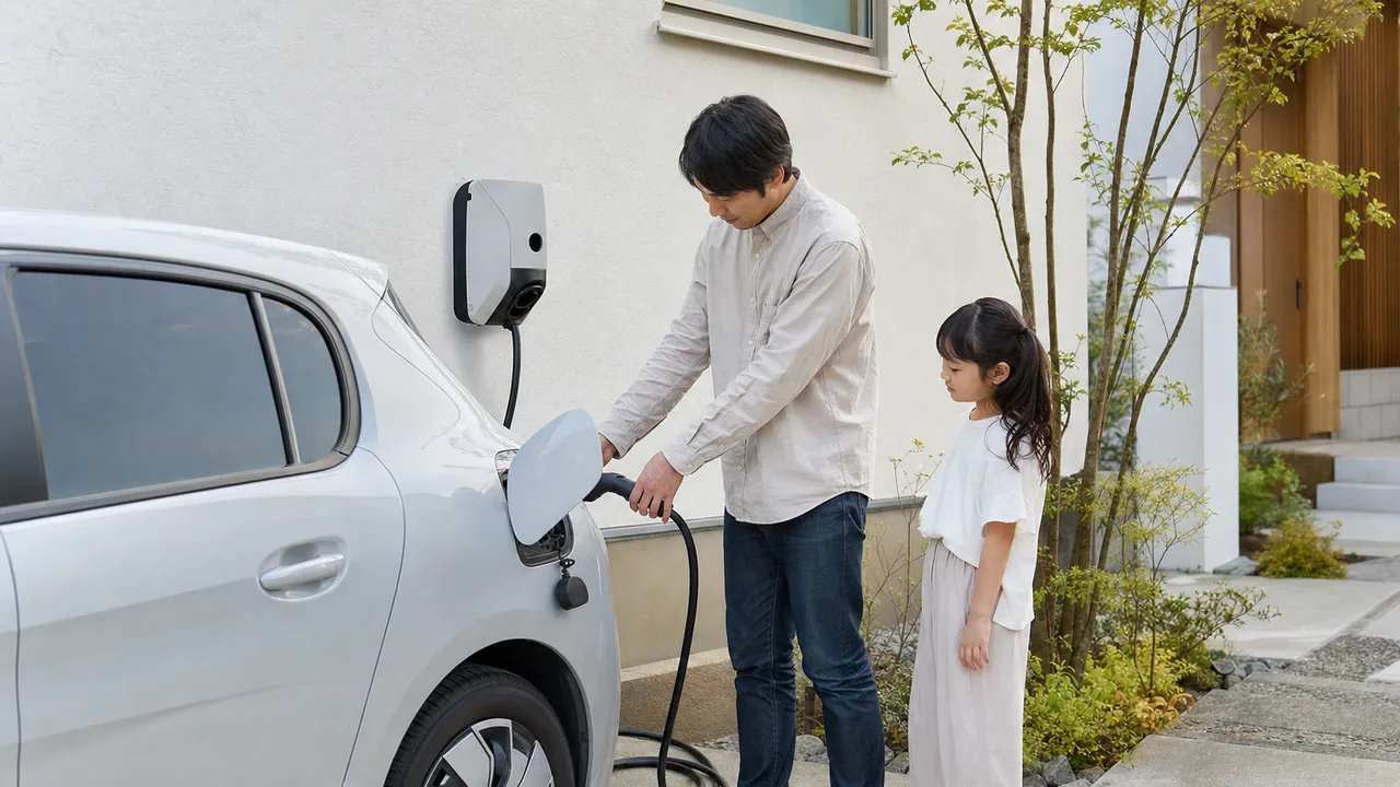 自宅で電気自動車を充電する日本人家族（横長・コピースペース）。電気自動車、EV充電、脱炭素、住宅設備の記事に使える素材です。