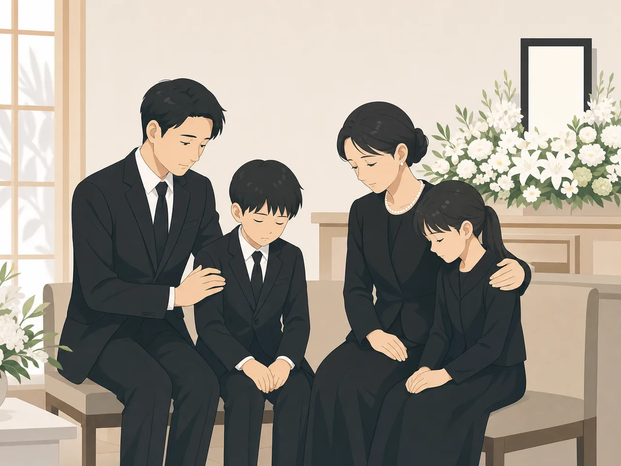 葬儀で寄り添う日本人家族（フラットイラスト）。葬儀、家族、供養、葬祭サービスを静かに表現する素材です。