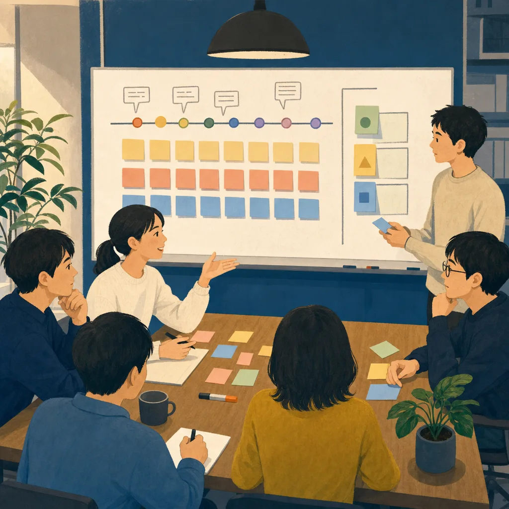 システム障害を振り返る日本人チーム（編集記事向け）。障害振り返り、ポストモーテム、システム障害、インシデント管理の記事や案内に使える商用素材です。