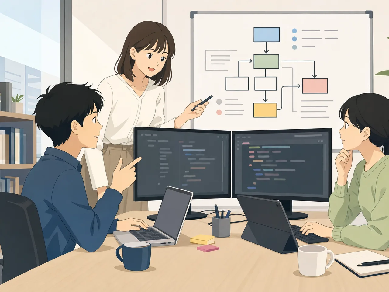 開発に取り組む日本人プログラマー（フラットイラスト）。プログラマー、システム開発、IT人材、チーム開発の記事向け素材です。