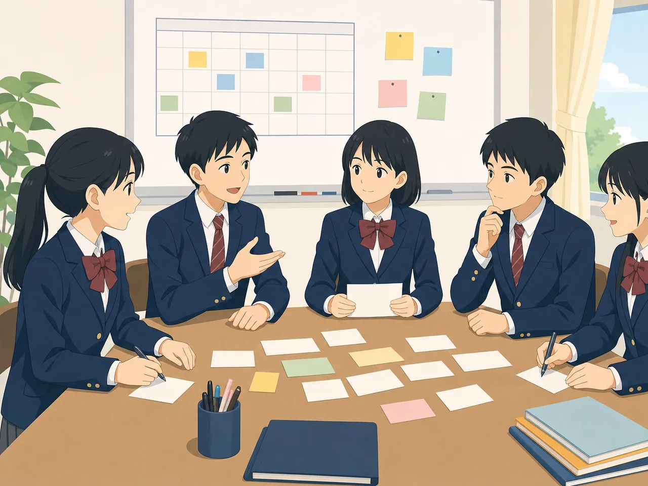 学校行事を計画する日本人生徒会（フラットイラスト）。生徒会、学校行事、企画会議、中学生の記事や案内に使える商用素材です。