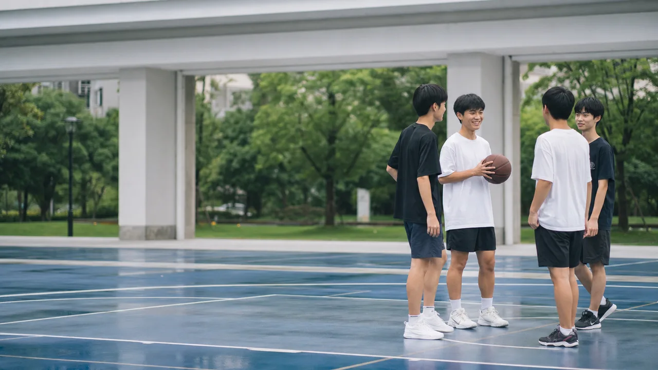 放課後を過ごす日本人男子高校生（横長・コピースペース）。男子高校生、放課後、友達、青春の記事向け素材です。