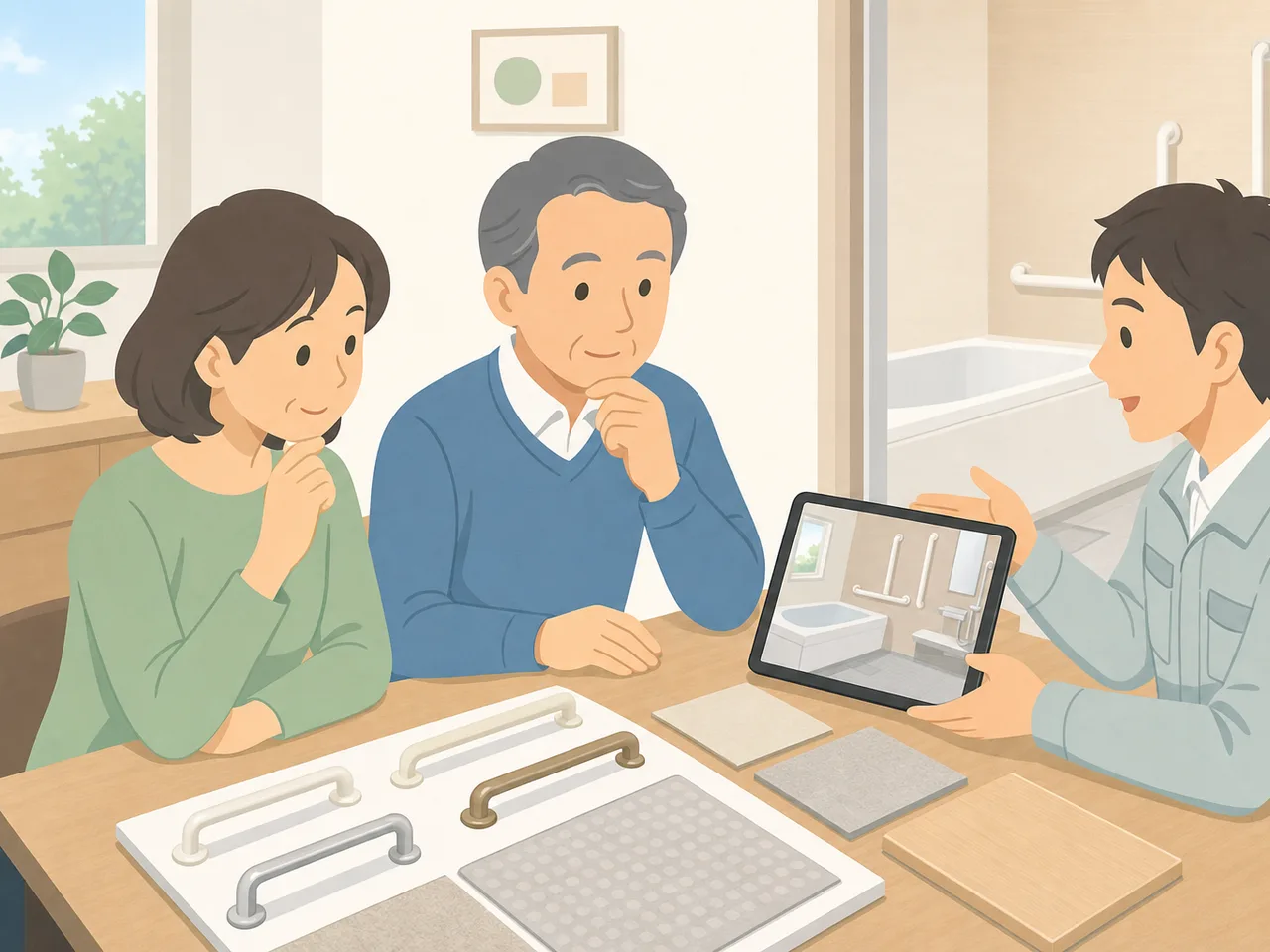 浴室のバリアフリー改修を相談する日本人（フラットイラスト）。浴室リフォーム、バリアフリー、手すり、高齢者住宅の記事や案内に使える商用素材です。