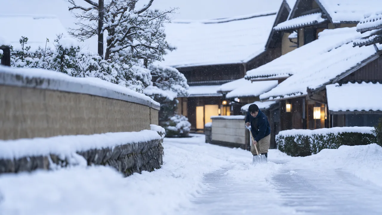 雪の朝の日本の街（横長・コピースペース）。冬、天気、交通、地域情報の記事に使える、雪が積もった日本の街並み素材です。