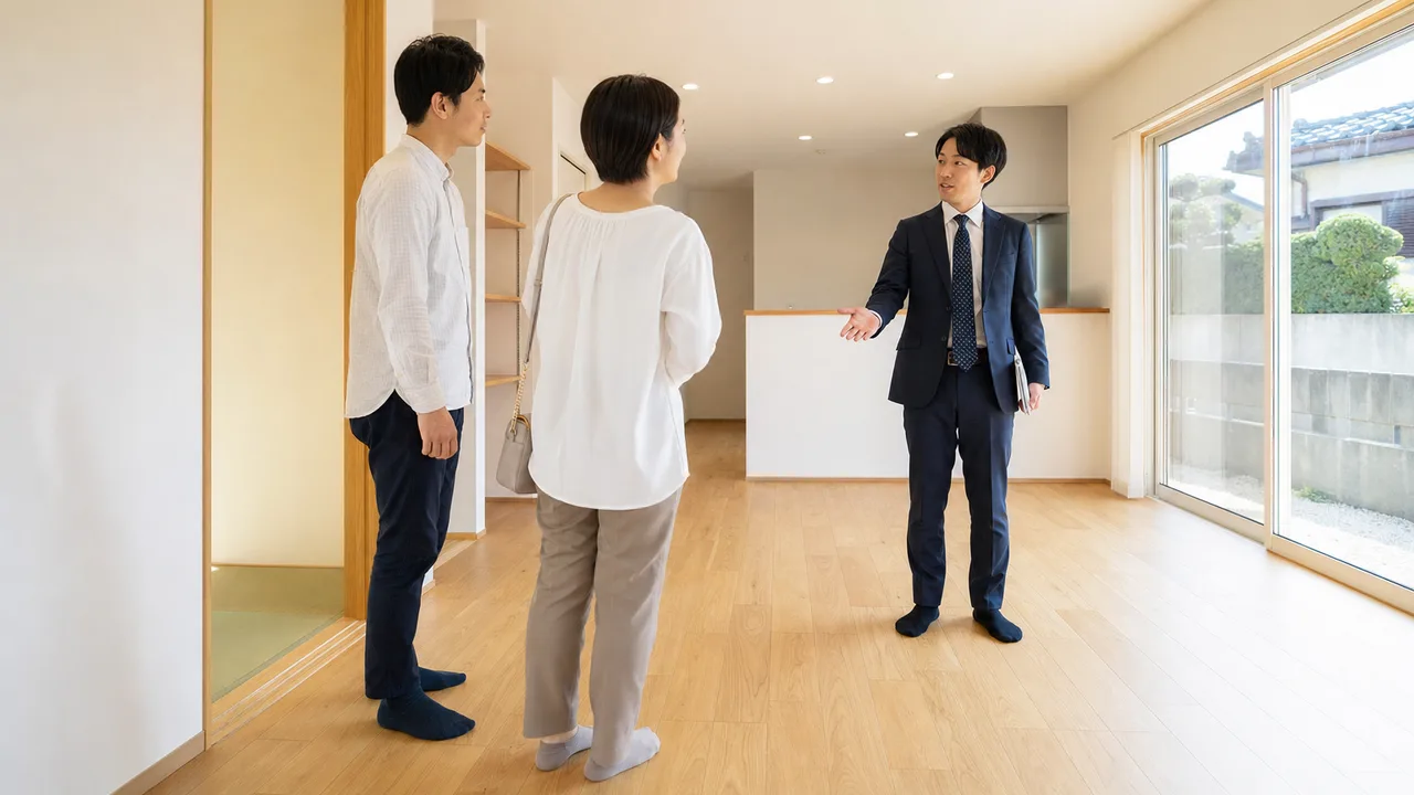 平屋を見学する日本人（横長・コピースペース）。平屋、戸建て、バリアフリー、住宅見学の記事向け素材です。