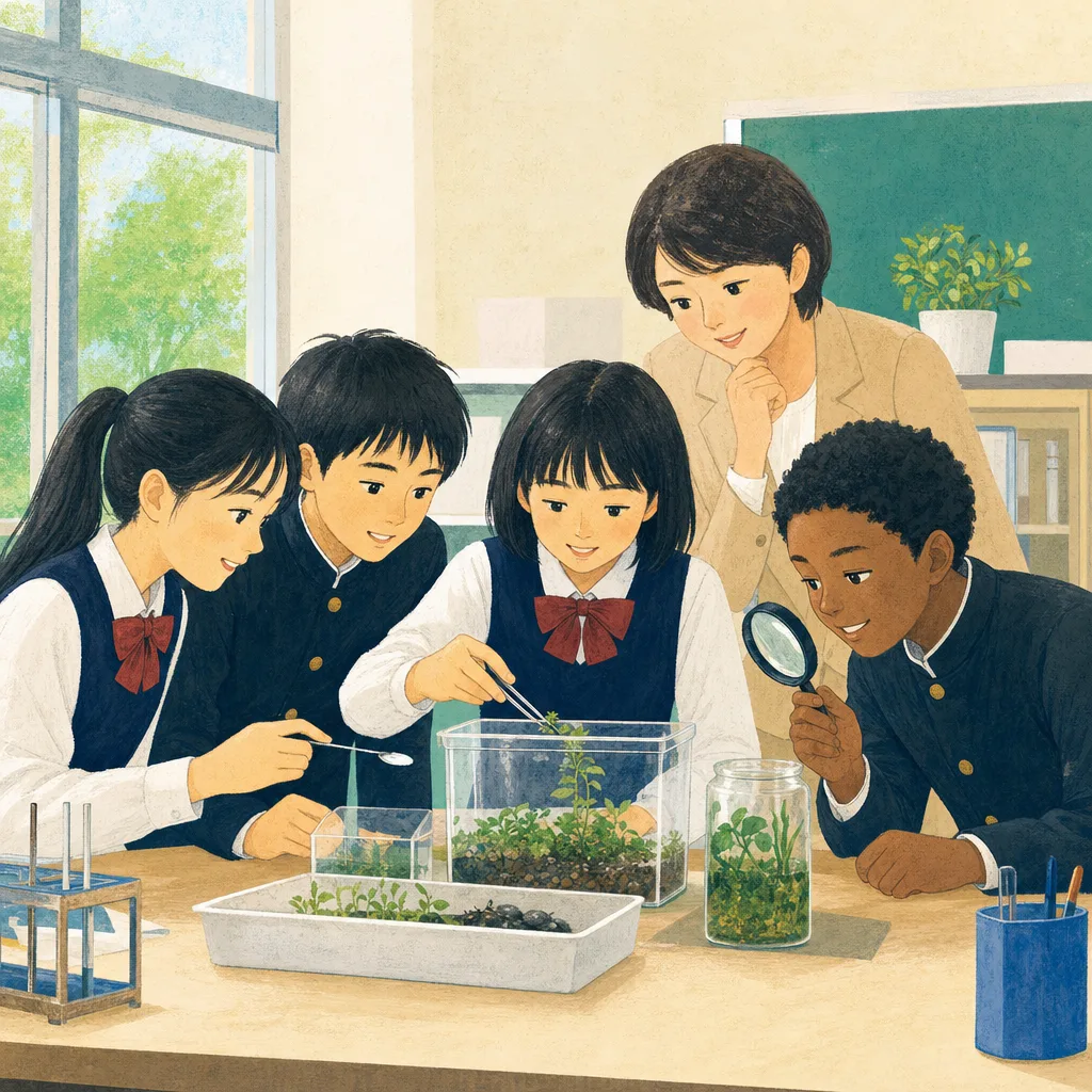 教室で学ぶ日本の中学生（編集記事向け）。中学校、教育、探究学習、学校案内に使える自然な学習場面です。