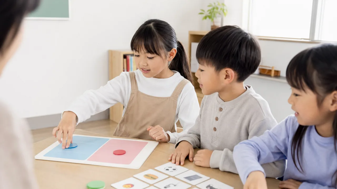 お金の使い方を学ぶ日本人の子ども（横長・コピースペース）。金融教育、子ども、お金の教育、家計の記事や案内に使える商用素材です。