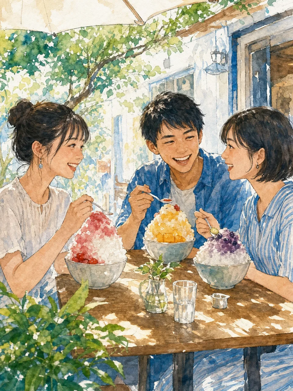 かき氷を楽しむ日本人（手描き水彩）。かき氷、夏、カフェ、涼をテーマにした記事向け素材です。