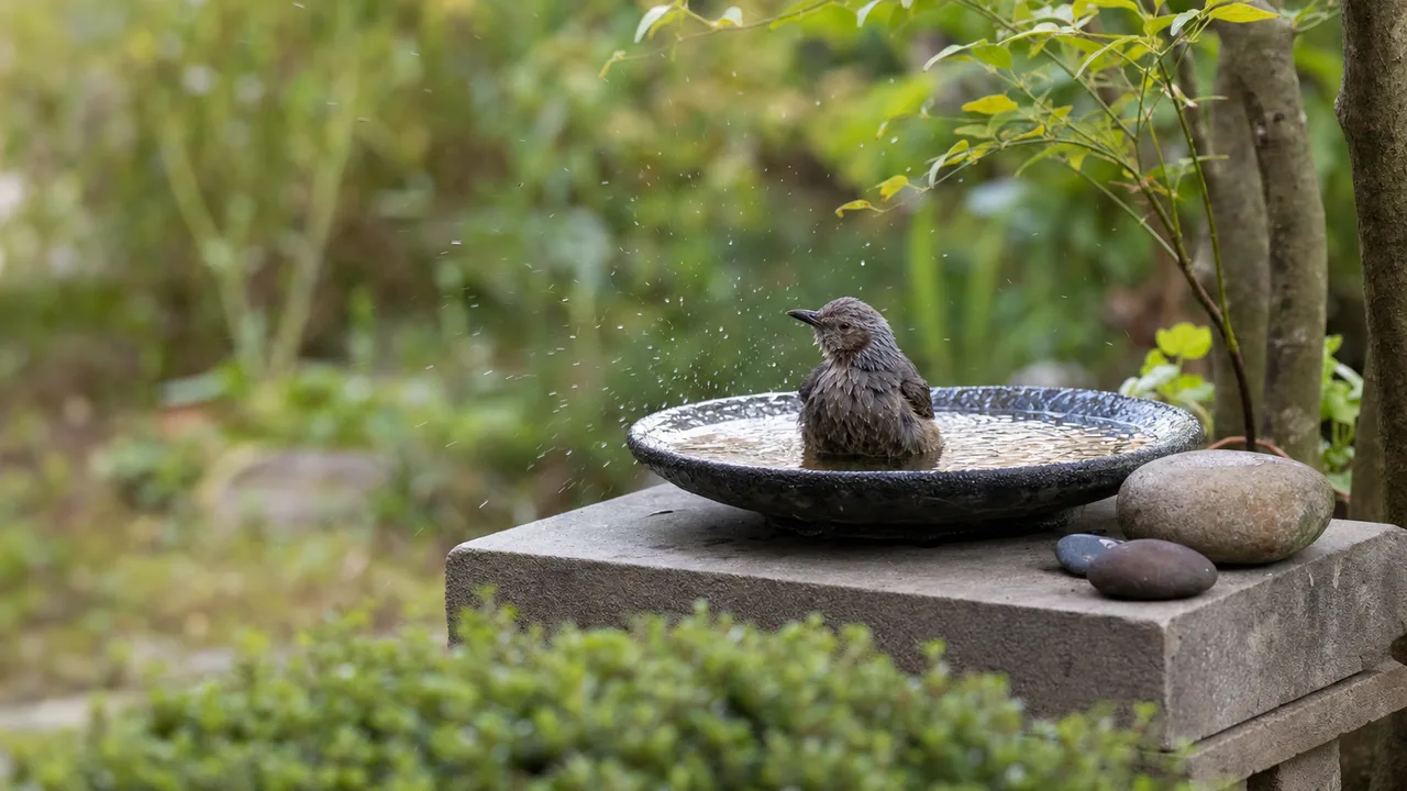 都市の野鳥が利用する水場（横長・コピースペース）。都市のバードバス、野鳥の水場、野鳥、バードバスの記事や案内に使える商用素材です。