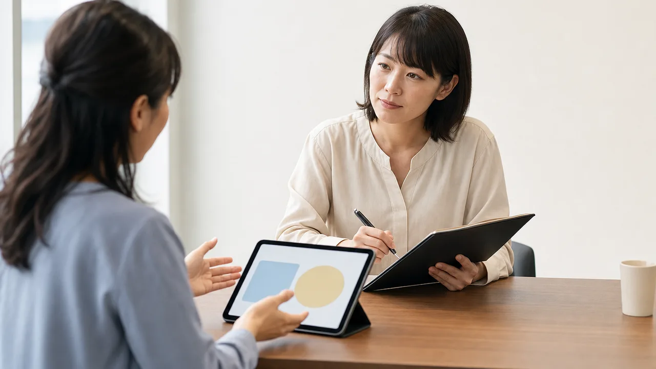 利用者調査をする日本人UXリサーチャー（横長・コピースペース）。UXリサーチ、ユーザーインタビュー、利用者調査、サービス開発の記事や案内に使える商用素材です。