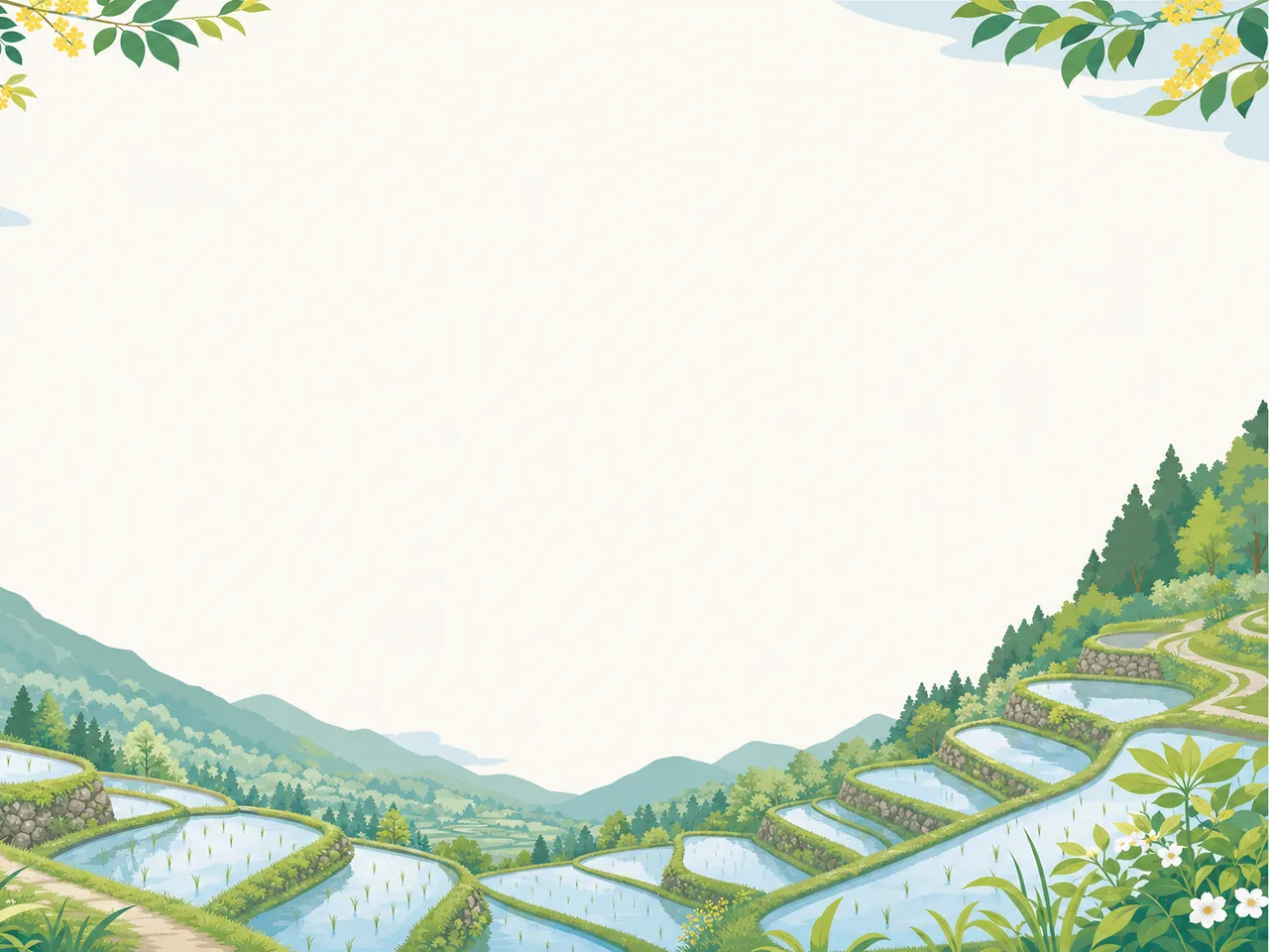 日本の里山に広がる棚田（フレームイラスト）。棚田、里山、水田、農村景観の記事向け素材です。