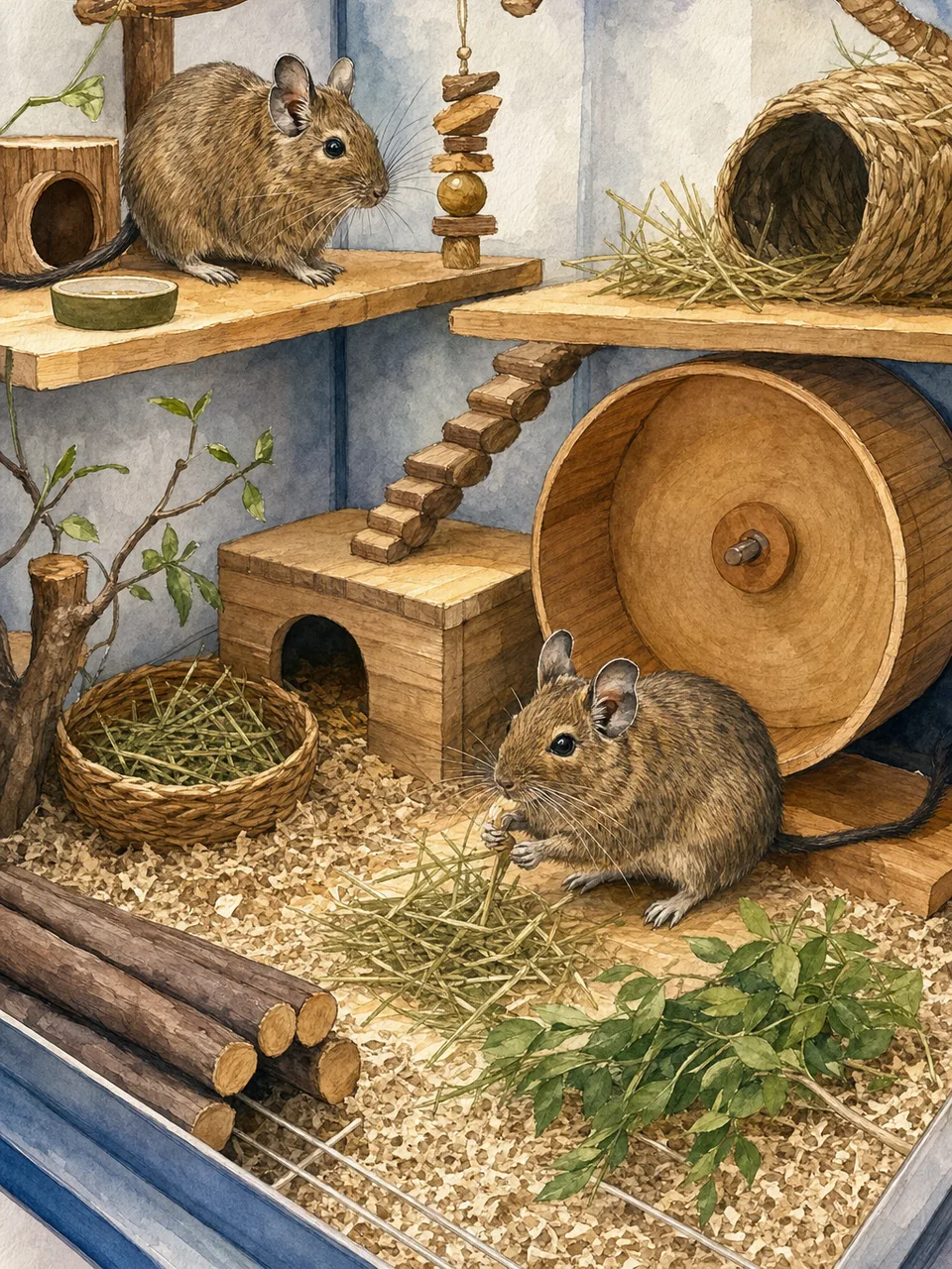 仲間と暮らすデグー（手描き水彩）。デグー、小動物、ペット、多頭飼育の記事や案内に使える商用素材です。