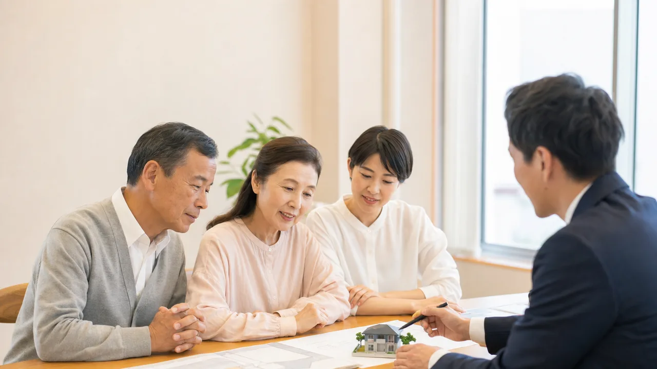 相続と資産管理を相談する日本人家族（横長・コピースペース）。相続、終活、銀行、年金、資産相談の記事に使える家族の相談場面です。