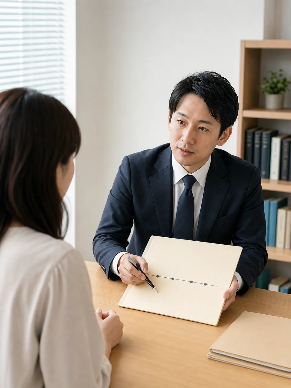 法律相談を受ける日本人と弁護士（自然な縦位置写真）。弁護士、法律相談、法務、専門家サービスの記事向け素材です。