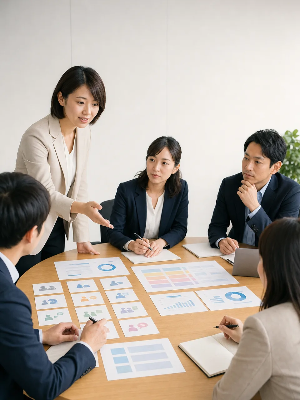 営業会議を行う日本人チーム（自然な縦位置写真）。営業会議、販売計画、チーム、顧客理解の記事向け素材です。