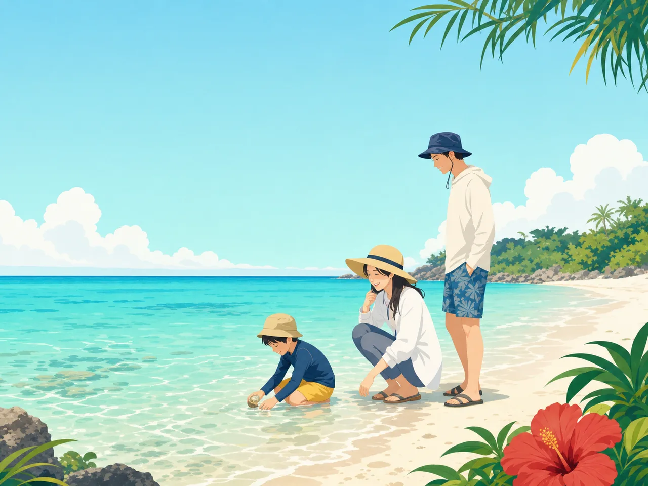 沖縄の海を楽しむ日本人家族（フラットイラスト）。沖縄旅行、夏休み、家族旅行、観光キャンペーン向け素材です。
