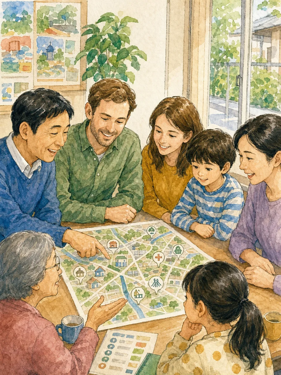 地域で暮らす外国人家族（手描き水彩）。外国人家族、多文化共生、地域生活、子育ての記事向け素材です。
