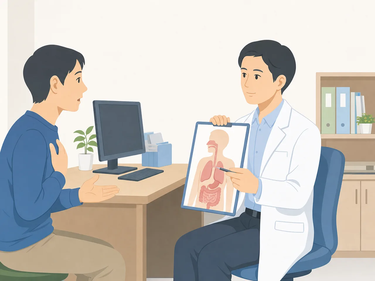 内科で相談する日本人患者（フラットイラスト）。内科、かかりつけ医、診察、健康相談の記事向け素材です。