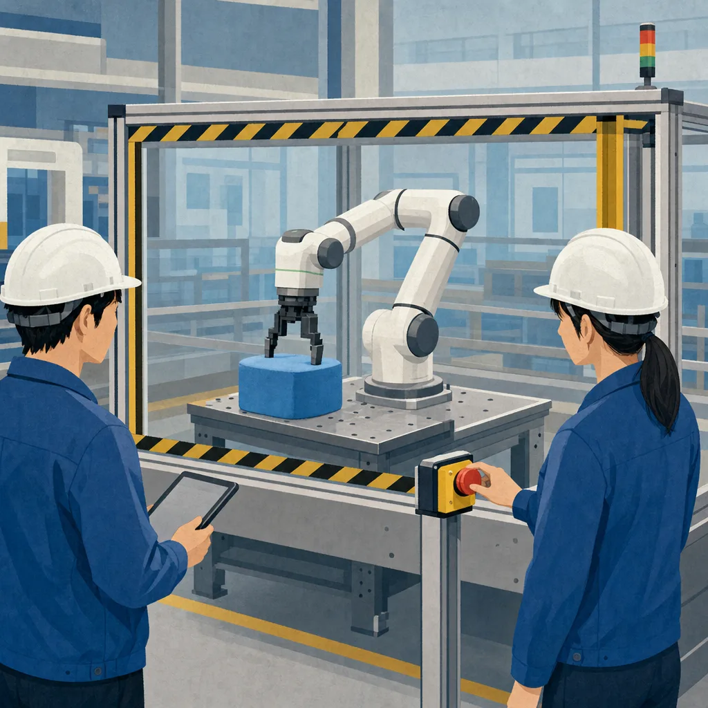協働ロボットの安全を検証する日本人技術者（編集記事向け）。協働ロボット、ロボット安全、製造業、安全試験の記事や案内に使える商用素材です。
