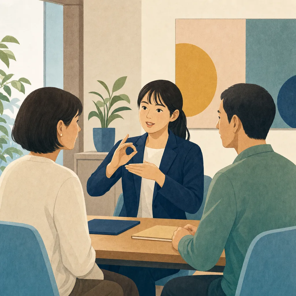 手話通訳をする日本人専門職（編集記事向け）。手話通訳者、手話通訳、日本手話、聴覚障害の記事や案内に使える商用素材です。
