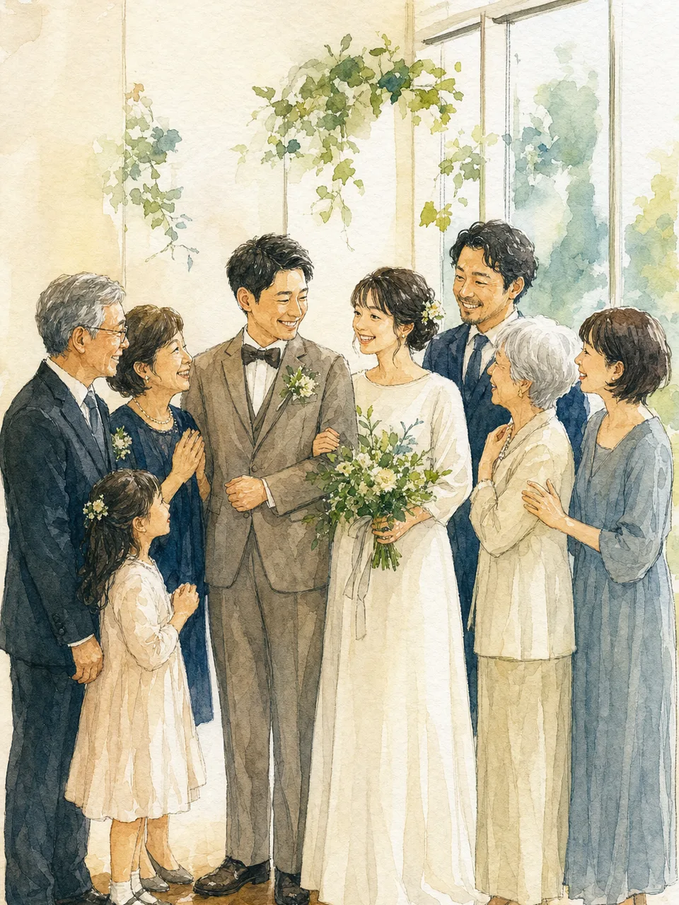 結婚式を祝う日本人カップルと家族（手描き水彩）。結婚式、ウェディング、家族、ブライダルサービス向け素材です。