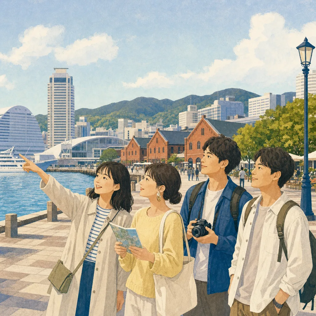 神戸の港を楽しむ日本人旅行者（編集記事向け）。神戸、港町、関西旅行、都市観光の記事向け素材です。