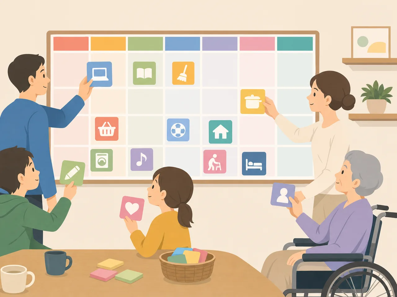 一週間の予定を調整する日本人家族（フラットイラスト）。家族の予定、スケジュール管理、家族会議、共働きの記事や案内に使える商用素材です。