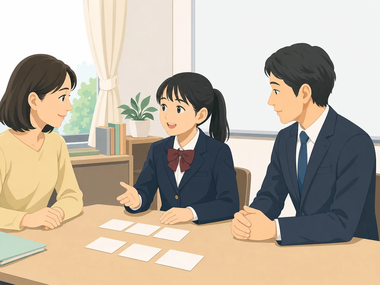 保護者面談をする日本人の教師と親（フラットイラスト）。保護者面談、個人面談、教師、家庭連携の記事向け素材です。