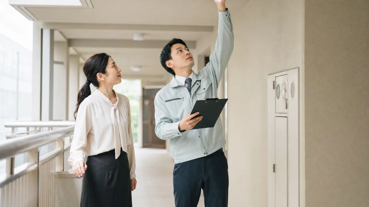 マンションを管理する日本人スタッフ（横長・コピースペース）。マンション管理、管理人、建物点検、共同住宅の記事向け素材です。
