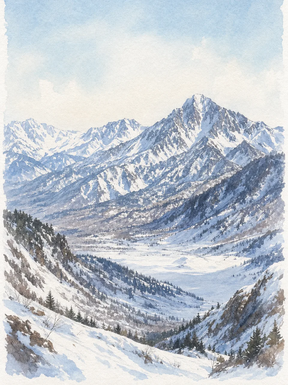 冬の日本の雪山（水彩フレーム）。雪山、冬山、雪景色、自然風景向け素材です。