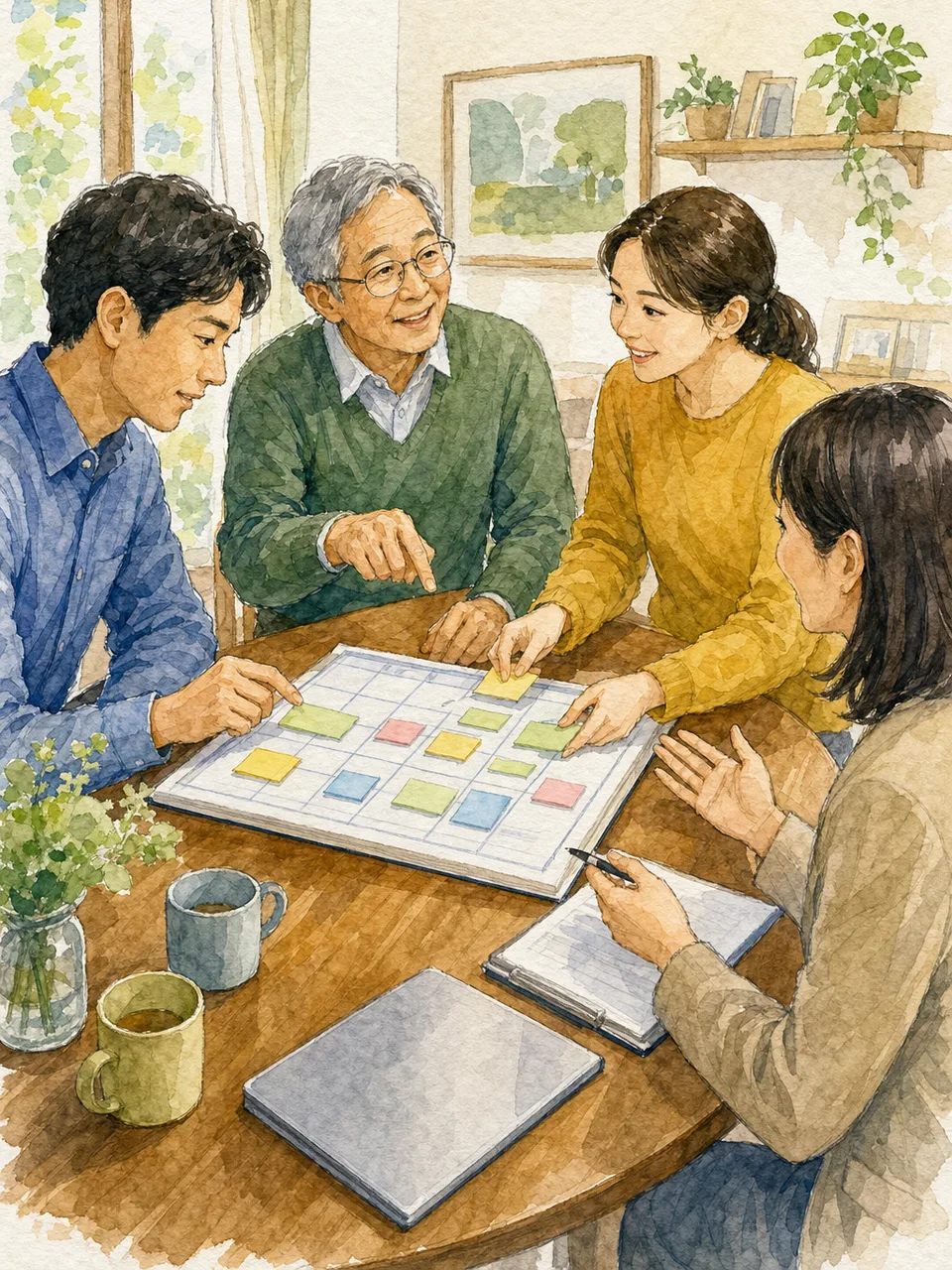 介護を協力する日本人家族（手描き水彩）。介護する家族、家族介護、在宅生活、支え合いの記事向け素材です。