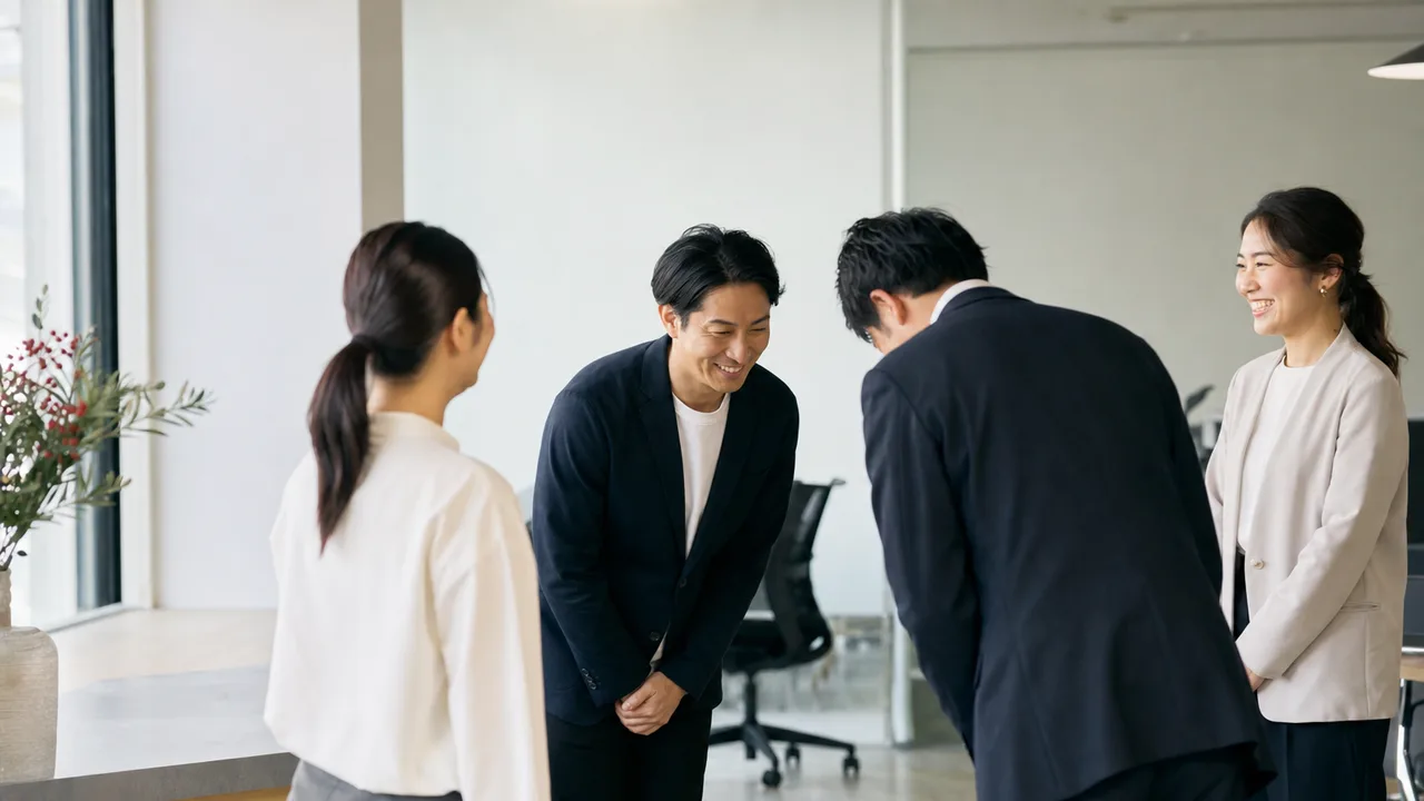 日本企業の新年の挨拶（横長・コピースペース）。企業の年始挨拶、仕事始め、広報に使いやすい、日本人ビジネスチームの新年素材です。