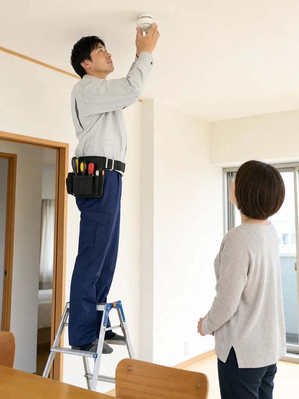 住宅用火災警報器を交換する日本人技術者（自然な縦位置写真）。火災警報器、住宅防火、交換作業、住宅設備の記事や案内に使える商用素材です。