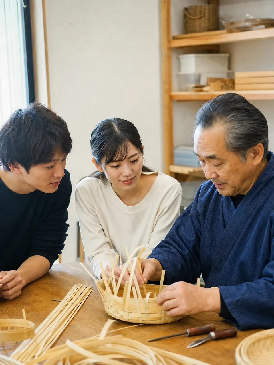 竹細工を学ぶ日本人（自然な縦位置写真）。竹細工、伝統工芸、かご編み、職人体験の記事や案内に使える商用素材です。